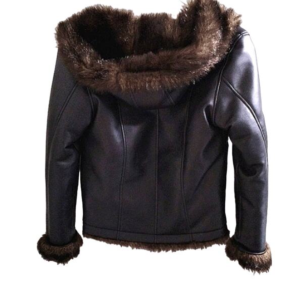 REVERSIBLE Jacket Faux Fur GIRLS Size 7 BROWN Bomber Coat Hooded Faux Leather - Picture 5 of 10